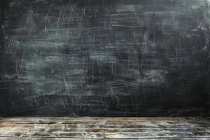 Empty blackboard chalkboard texture background with wooden floor photo