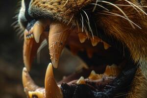 Close up of a lion baring its teeth showing its canine photo