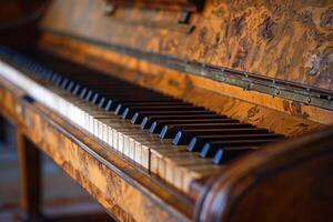 Ancient piano keyboard showing black and white keys close up photo