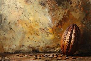 One ripe cocoa pod standing upright with cocoa beans scattered around it photo