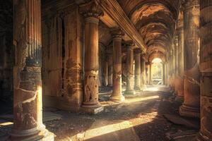 Warm sunlight filters through an old, columnlined corridor, casting vibrant rays in the dusty air photo