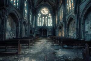 Atmospheric shot of a desolate, decaying gothic church interior with empty pews photo