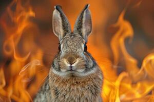 Closeup of a rabbit with an intense gaze, with vivid flames in the background photo