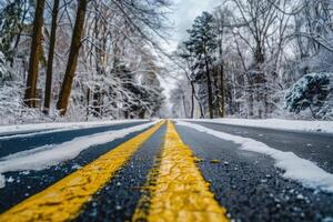 Snowy road perspective with striking yellow lines photo