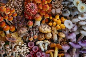 Vibrant display of various mushrooms, showcasing an array of colors and patterns photo