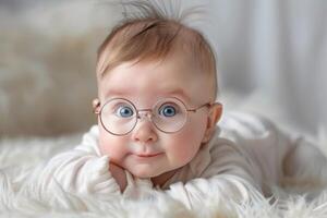 Adorable baby with glasses lying on fluffy blanket photo