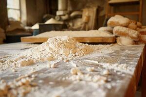 Flour dusting wooden table in bakery photo