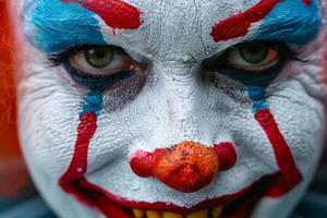 Scary clown with an evil expression is staring intensely photo