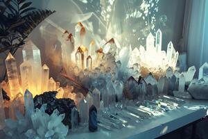 Crystal shop owner arranging display of large natural citrine and clear quartz crystals on table photo
