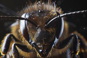 Honey bee covered in pollen looking at camera with blurry background photo