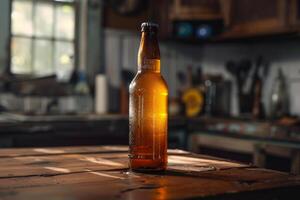 Cold beer bottle resting on a rustic wooden table in a workshop photo