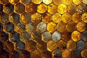 Golden honeycomb texture with backlight shining through hexagonal cells photo