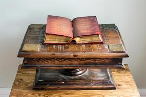 Open antique book with golden pages resting on a carved wooden table photo