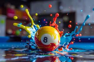 Eight ball splashing in colorful paint creating abstract design on pool table photo