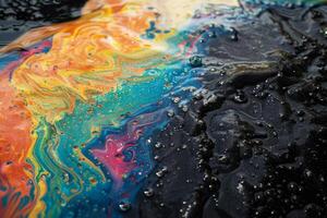 Colorful abstract acrylic painting spreading on dark water surface creating bubbles photo