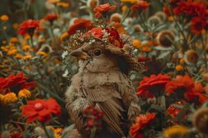 Sparrow bird wearing flower crown posing in a field of red and orange flowers photo