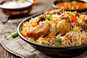 Aromatic and flavorful chicken biryani being served with raita and curry photo