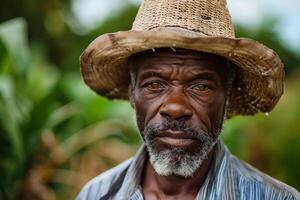 Portrait of senior farmer wearing a straw hat standing in a field photo