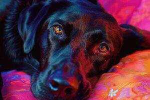 Black labrador retriever with shiny eyes resting its head on a colorful fabric photo