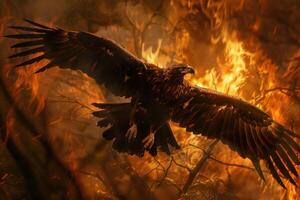 Majestic golden eagle escaping a raging forest fire, a symbol of hope and resilience photo