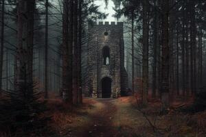 Mysterious stone tower standing in a dark and foggy forest photo