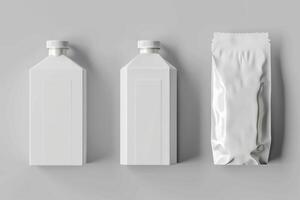 Two white bottles and one blank foil bag standing up on gray background photo