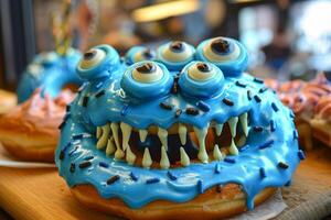 Blue monster donut with sprinkles smiling on bakery display photo