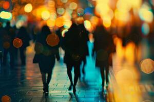 People walking through city at night with bokeh lights photo