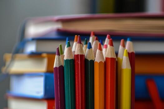 Group of colorful sharpened pencils standing in front of stack of books photo