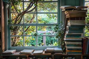Stack of books inviting to reading by the window on a sunny day photo
