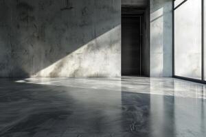 Empty room with polished concrete floor and sunlight shining through window photo