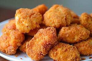 Pile of crispy golden fried chicken nuggets on white plate photo