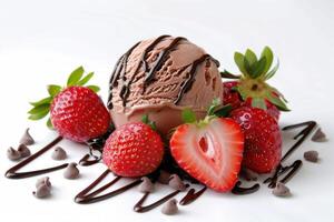 Chocolate ice cream scoop surrounded by strawberries and chocolate drizzle photo