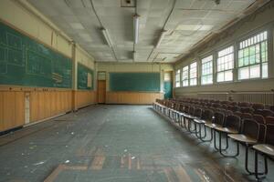 Empty classroom with chalkboard and rows of desks waiting for students photo