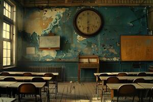 Old clock showing almost five o'clock in abandoned school classroom photo