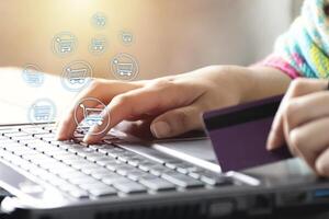 Online shopping concept, notifications Shopping cart photo