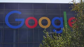 Close up of the Google logo sign on the building in Mountain View, California. Google LLC is an American multinational technology company. video