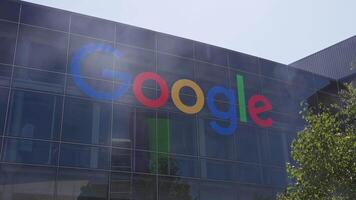 Close up of the Google logo sign on the building in Mountain View, California. Google LLC is an American multinational technology company. video