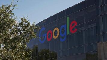 Close up of the Google logo sign on the building in Mountain View, California. Google LLC is an American multinational technology company. video