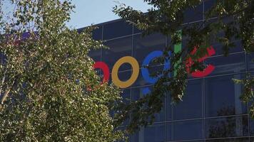 Close up of the Google logo sign on the building in Mountain View, California. Google LLC is an American multinational technology company. video
