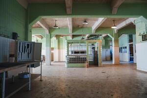 Interior space within Alcatraz prison in San Francisco, USA. Utilitarian design with green and white colors, stainless steel table, and historical atmosphere. photo
