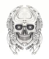 Cyberpunk skull tattoo design by hand drawing on paper. vector