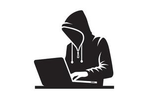 Spy agent searching on a laptop hacker silhouette vector