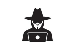 Spy agent searching on a laptop hacker silhouette vector