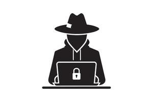 Spy agent searching on a laptop hacker silhouette vector