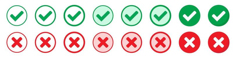 Right or wrong icons. Green tick and red cross checkmarks. Yes or no symbol, approved or rejected icon for user interface. vector