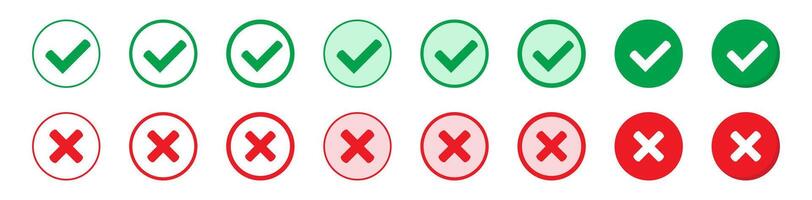 Right or wrong icons. Green tick and red cross checkmarks. Yes or no symbol, approved or rejected icon for user interface. vector