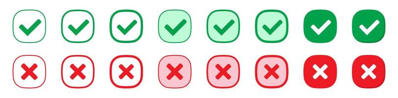 Right or wrong icons. Green tick and red cross checkmarks. Yes or no symbol, approved or rejected icon for user interface. vector