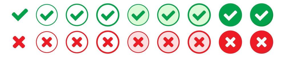 Right or wrong icons. Green tick and red cross checkmarks. Yes or no symbol, approved or rejected icon for user interface. vector