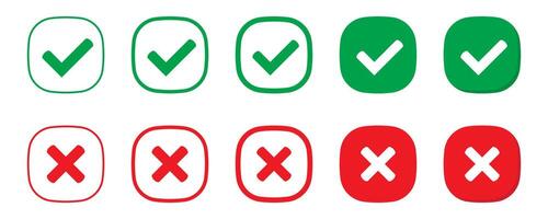 Right or wrong icons. Green tick and red cross checkmarks. Yes or no symbol, approved or rejected icon for user interface. vector